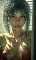 a woman in an anime artwork smoking a cigarette