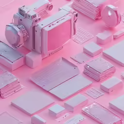 pink digital cameras on a pink surface and some blocks