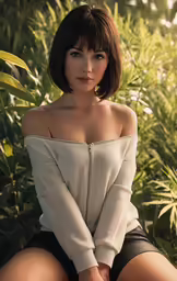 a beautiful woman sitting on the ground in a skirt