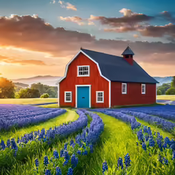 a barn in a field of blue flowers