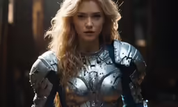 a woman dressed in armor looking into the camera