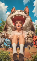 a child sits on a wooden crate in front of stuffed animals