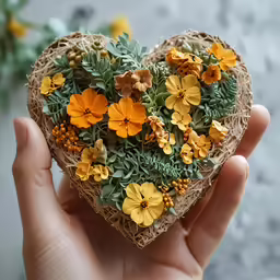 someone holding a fake heart made with artificial flowers