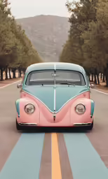an old blue and pink bus driving down the street