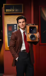 a man in a suit poses with a camera