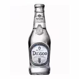 a drawing of a glass bottle that is labeled degor
