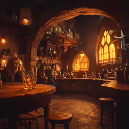 a dimly lit kitchen with three small bottles of liquor