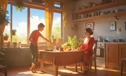 a man and woman standing in a kitchen near a dining table