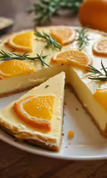 a cake on a plate with oranges and rosemary