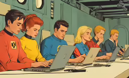 a man sitting at a table looking at a laptop