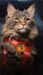 a cat wearing an orange harness looks intently off into the distance