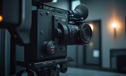 an analog camera sitting on a tripod in a room