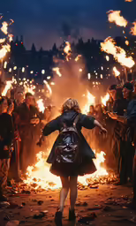 a woman that is standing in front of a bunch of fire