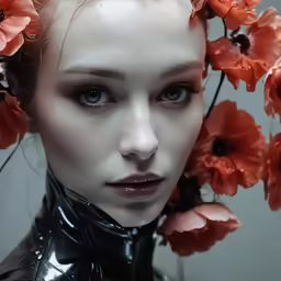 a woman wearing a latex outfit with orange flowers all around her