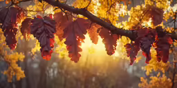 a bunch of red leaves hanging from a branch