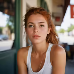 a beautiful young woman with brown eyes and long hair sitting at a table
