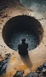 the person is sitting in front of a water hole