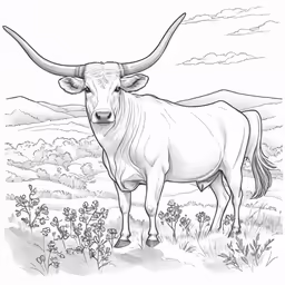 a bull with large horns standing on the ground