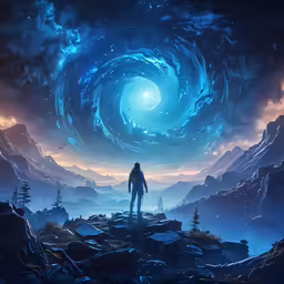 man standing on a hill under a giant blue swirl