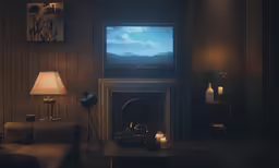 living room scene with tv over fireplace and lit candles