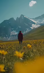 man in red jacket standing in a field of yellow flowers