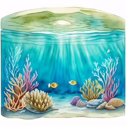 a fish swimming in a pond surrounded by water lilies,underwater painting of corals and seaweed,a large aquarium with lots of corals and fish,a painting of an underwater scene is shown,an aquarium with algae, corals, and sea life