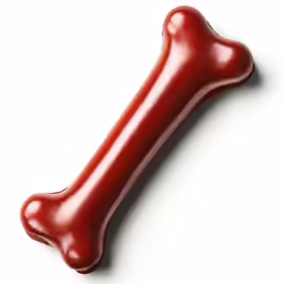 a red plastic dog bone with white background