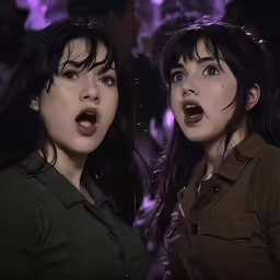 two woman with wet hair and make - up look shocked