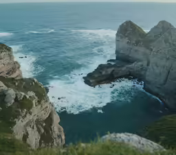a rocky cliff face in front of the ocean with waves crashing against it