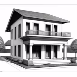a house with large columns and windows,the front of a house in pencil