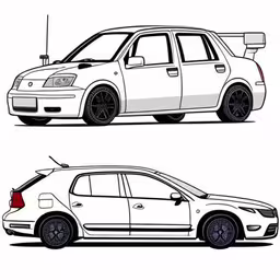 two side by side drawings of a white hatchback car,a white car is shown with two side by side lines