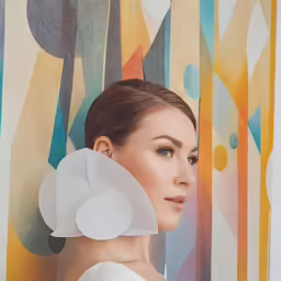 a woman leaning against a wall with a painted mural behind her