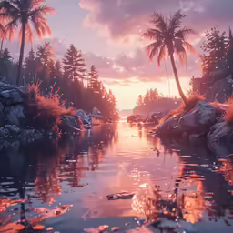 the sun is shining over the trees and water