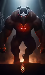 a demonic looking character is posed against a spotlight