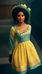 a doll with a hat and dress stands in a room