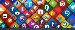 a colorful background with several different types of social networking icons,an abstract image of some colorful squares with logos