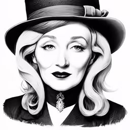 a black and white drawing of a woman wearing a hat
