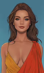 a woman with long hair in a yellow and orange dress