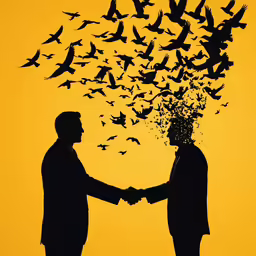 the image shows silhouettes of two men shaking hands over a flock of birds
