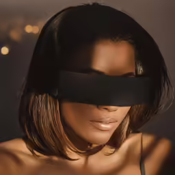 a woman in black bra - and blindfold with headpieces over her eyes
