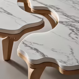 marble and wood benches made by studio maurira