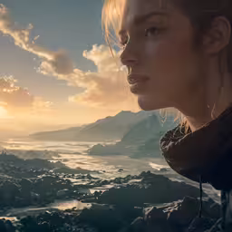 a woman standing next to some rocks at the ocean