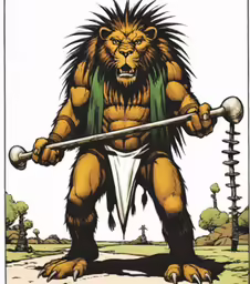 an illustration of a lion holding two giant swordes