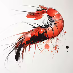 painting on paper of a bright, colorful shrimp