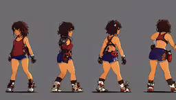 a person standing and holding two skates,three women walking and holding game equipment