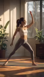 a woman wearing a white bra and grey leggings holds her hands in the air as she stands in a yoga position