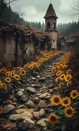 there are a lot of sunflowers on this cobblestone road