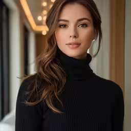 a young lady with big round hoop earrings and black knit turtleneck sweater