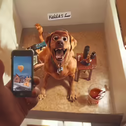 a dog looking at the camera with an insetment app on its smartphone