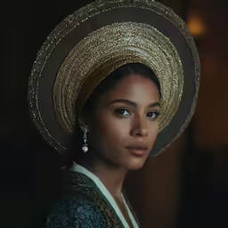 a woman in a hat looking straight ahead